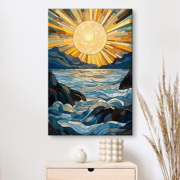 Buntglasfenster mit Sonne über einem Fluss Wandbilder Buntglasfenster mit Sonne über einem Fluss