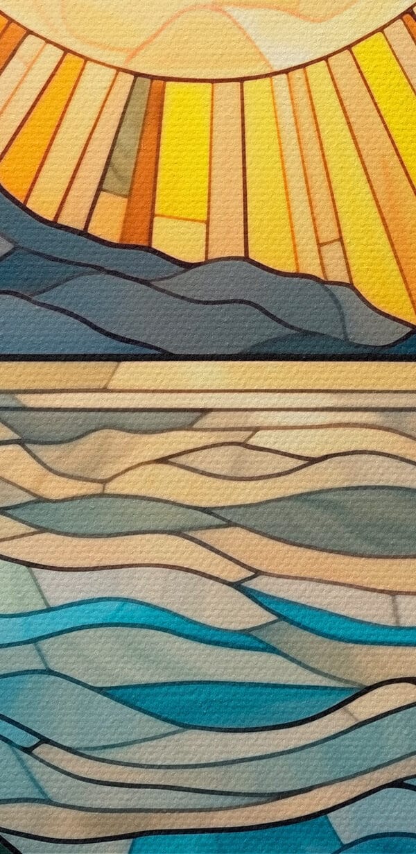 Stained glass window with a sun over a river Stained glass window with a sun over a river