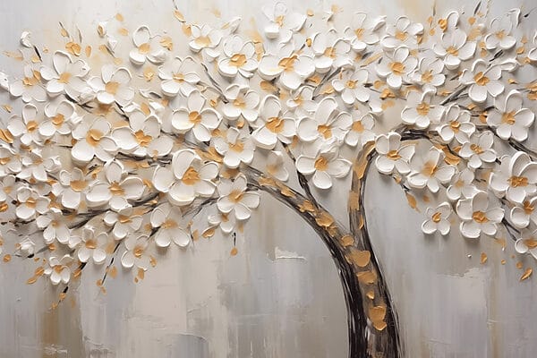 Gemälde eines Baumes mit weißen Blumen Gemälde eines Baumes mit weißen Blumen