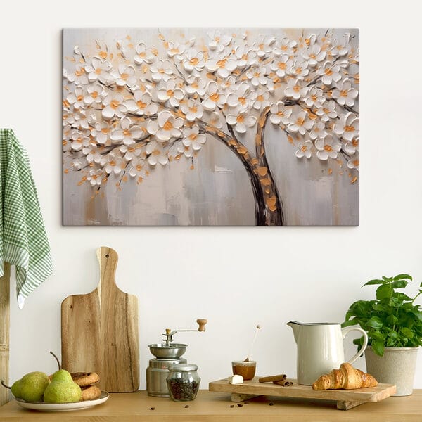 Gemälde eines Baumes mit weißen Blumen Gemälde eines Baumes mit weißen Blumen