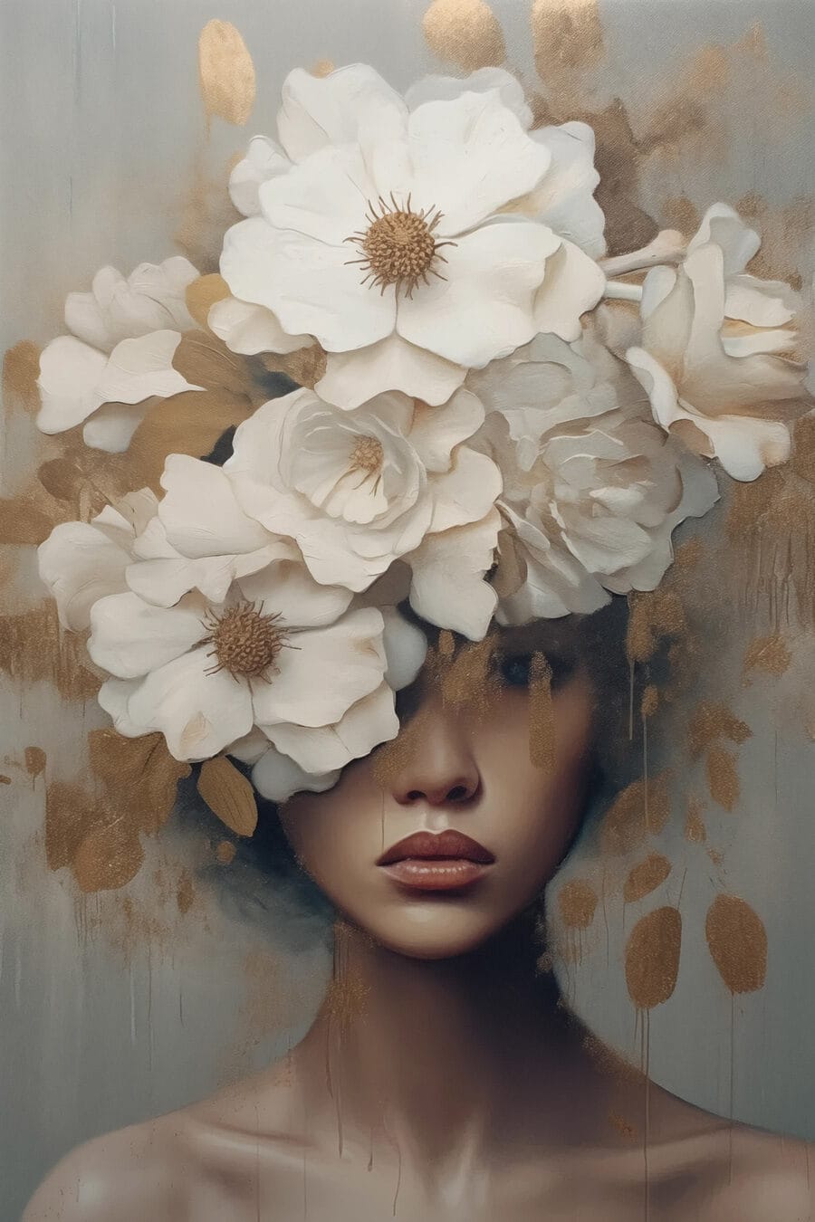 Gemälde einer Frau mit Blumen auf dem Kopf
