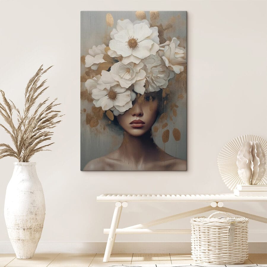 Gemälde einer Frau mit Blumen auf dem Kopf