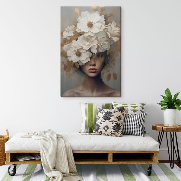 Gemälde einer Frau mit Blumen auf dem Kopf Gemälde einer Frau mit Blumen auf dem Kopf