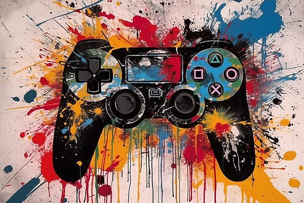 Videospiel-Controller mit Farbspritzern Videospiel-Controller mit Farbspritzern