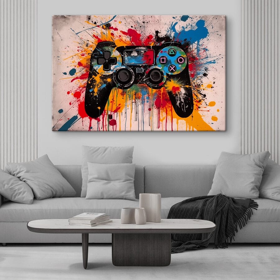 Videospiel-Controller mit Farbspritzern Videospiel-Controller mit Farbspritzern