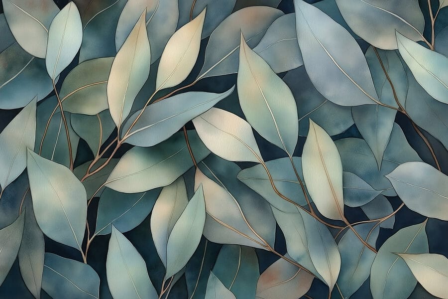 Gruppe von Blättern auf blauem Hintergrund