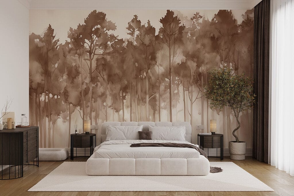 Group of trees in a foggy forest