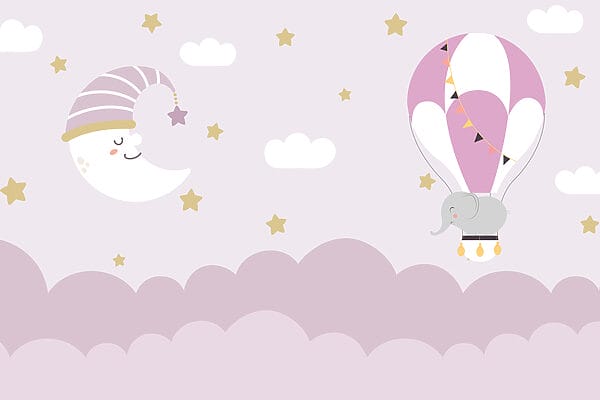 Cartoon elephant and moon in a balloon