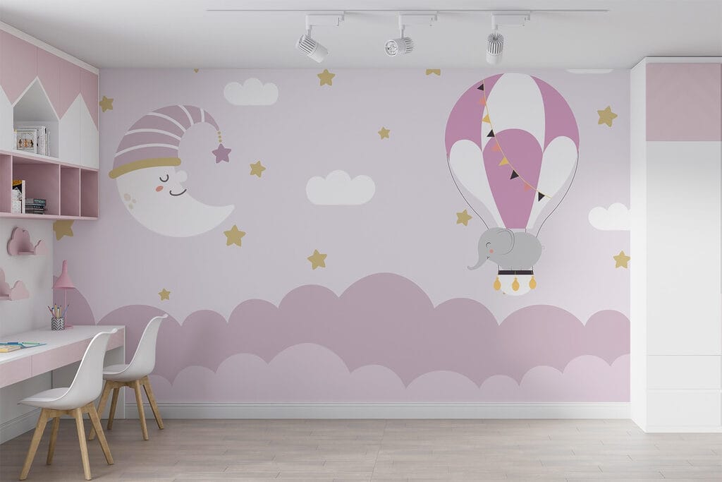 Cartoon elephant and moon in a balloon