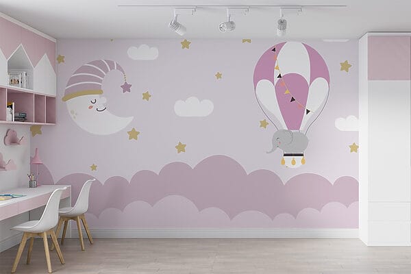 Cartoon elephant and moon in a balloon