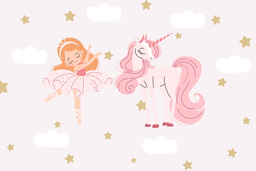 Cartoon einer Balletttänzerin und eines Einhorns Cartoon einer Balletttänzerin und eines Einhorns