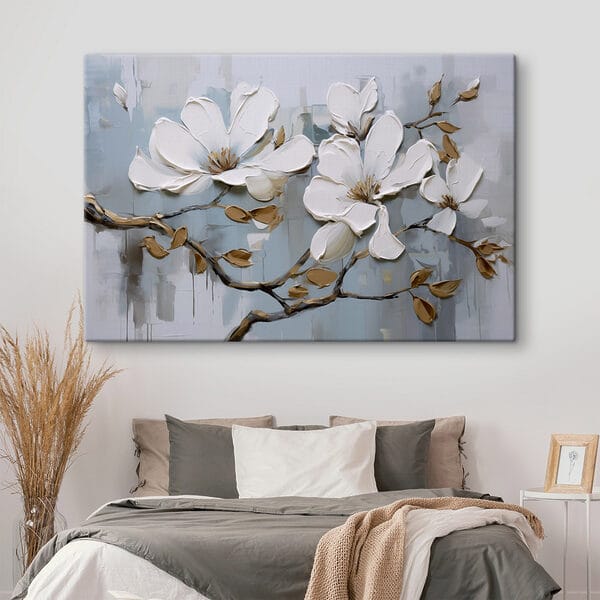 Malerei von weißen Blumen auf einem Zweig Malerei von weißen Blumen auf einem Zweig