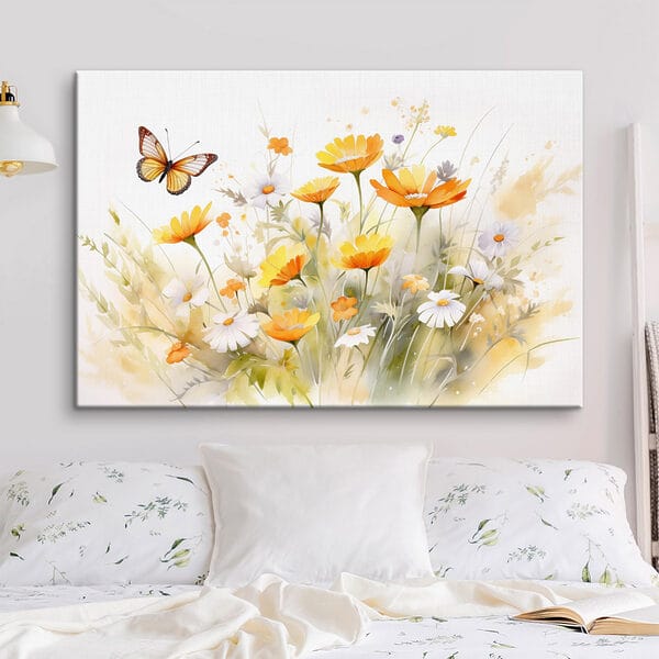 Schmetterling fliegt über eine gelbe und weiße Blumen Schmetterling fliegt über eine gelbe und weiße Blumen