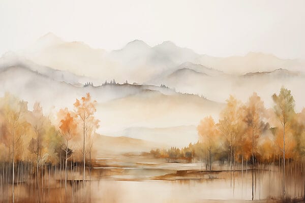 Aquarellmalerei von Bäumen und Bergen Aquarellmalerei von Bäumen und Bergen