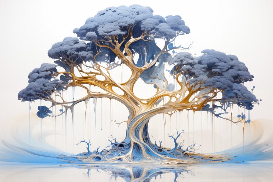 Baum mit blauen und gelben Blättern