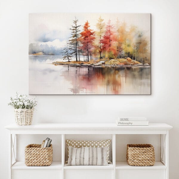 Aquarellmalerei von Bäumen und Felsen an einem See Aquarellmalerei von Bäumen und Felsen an einem See
