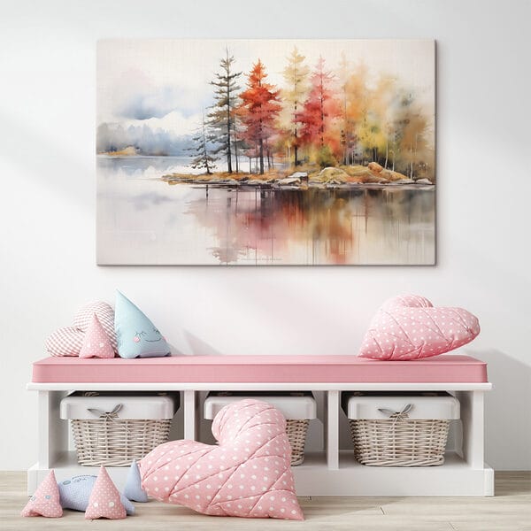 Aquarellmalerei von Bäumen und Felsen an einem See Aquarellmalerei von Bäumen und Felsen an einem See