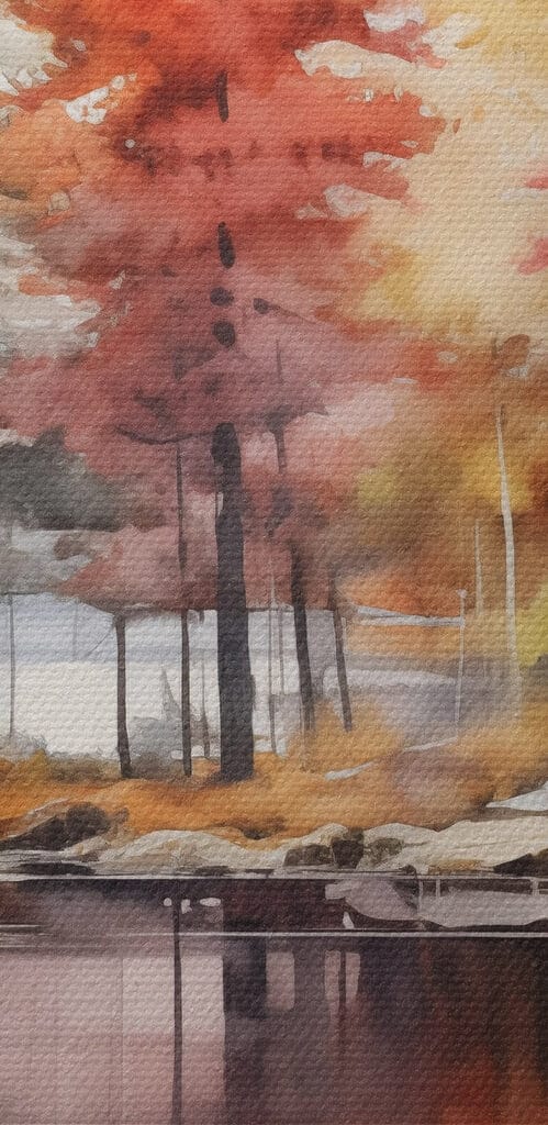 Watercolor painting of trees and rocks on a lake