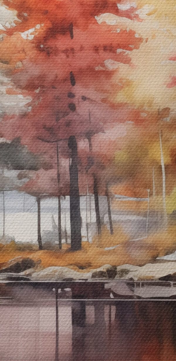 Aquarellmalerei von Bäumen und Felsen an einem See Aquarellmalerei von Bäumen und Felsen an einem See