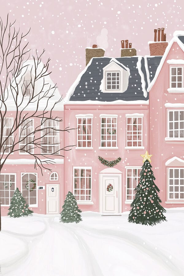 Rosa Haus mit Bäumen und Schnee Rosa Haus mit Bäumen und Schnee