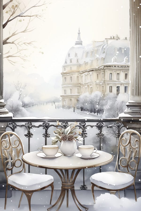 Tisch mit Tassen und einer Vase mit Blumen darauf mit einer Schneelandschaft Tisch mit Tassen und einer Vase mit Blumen darauf mit einer Schneelandschaft