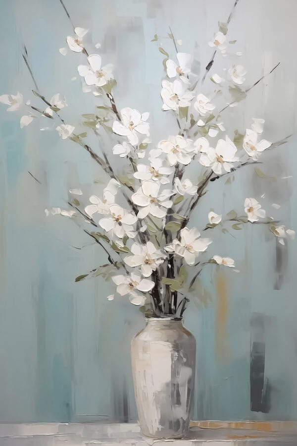 Gemälde einer Vase mit weißen Blumen Gemälde einer Vase mit weißen Blumen