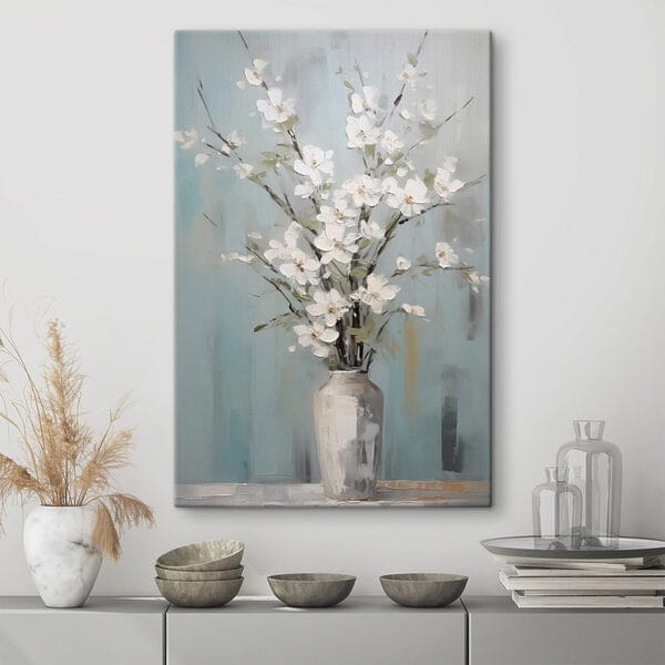 Gemälde einer Vase mit weißen Blumen Gemälde einer Vase mit weißen Blumen