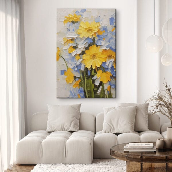 Gemälde mit gelben und blauen Blumen Gemälde mit gelben und blauen Blumen