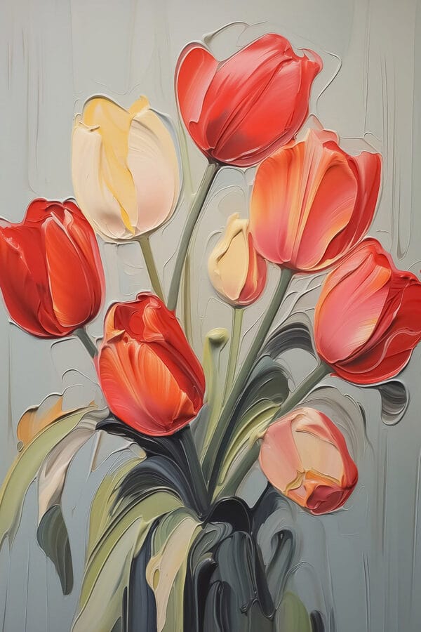 Gemälde von Tulpen auf grauem Hintergrund Gemälde von Tulpen auf grauem Hintergrund