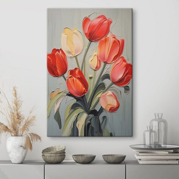 Gemälde von Tulpen auf grauem Hintergrund Gemälde von Tulpen auf grauem Hintergrund