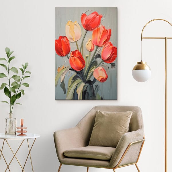 Gemälde von Tulpen auf grauem Hintergrund Gemälde von Tulpen auf grauem Hintergrund