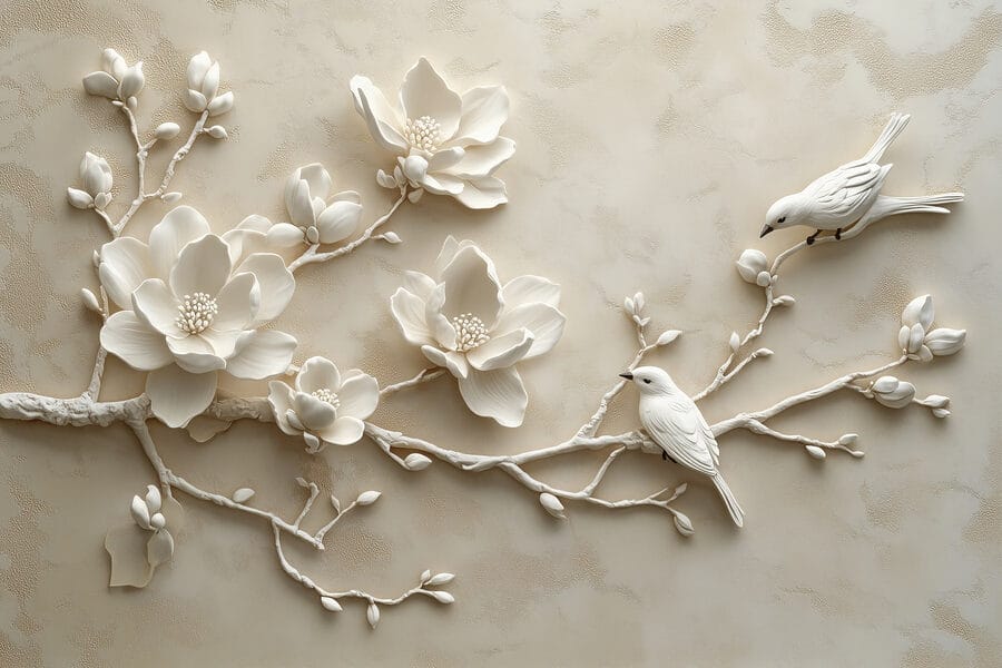 Weißer Vogel auf einem Zweig mit Blumen