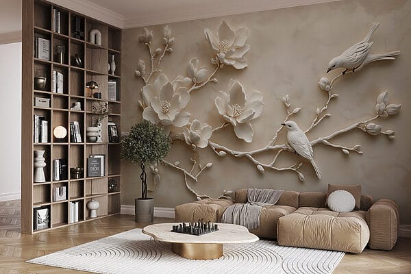 Weißer Vogel auf einem Zweig mit Blumen Weißer Vogel auf einem Zweig mit Blumen