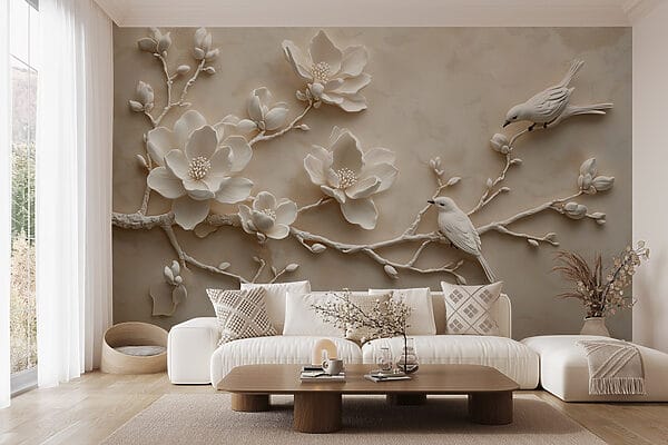 Weißer Vogel auf einem Zweig mit Blumen Weißer Vogel auf einem Zweig mit Blumen