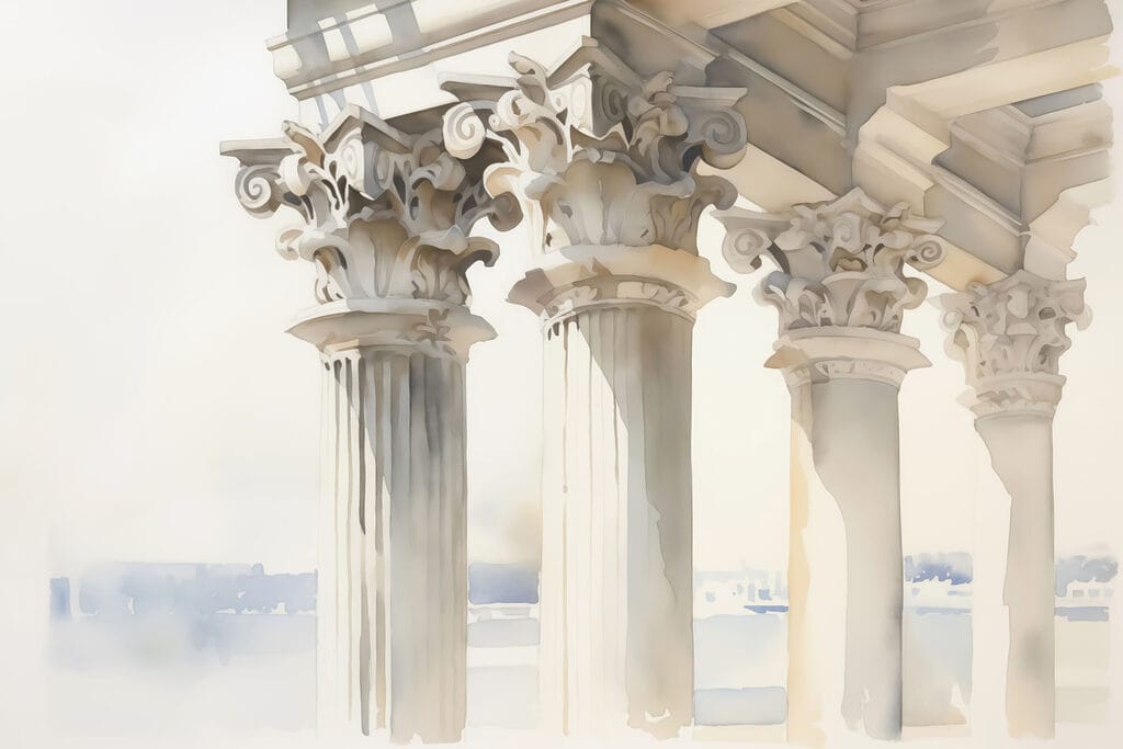 Aquarellmalerei eines Gebäudes mit Säulen Aquarellmalerei eines Gebäudes mit Säulen
