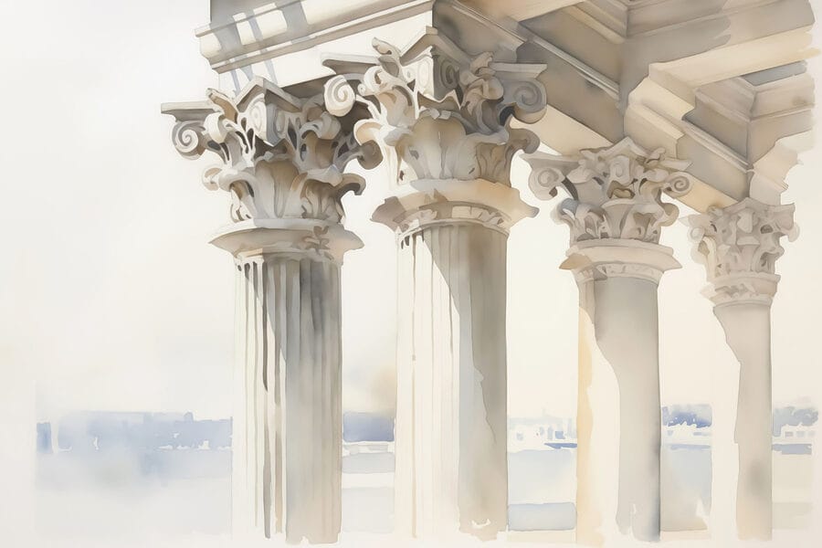 Aquarellmalerei eines Gebäudes mit Säulen