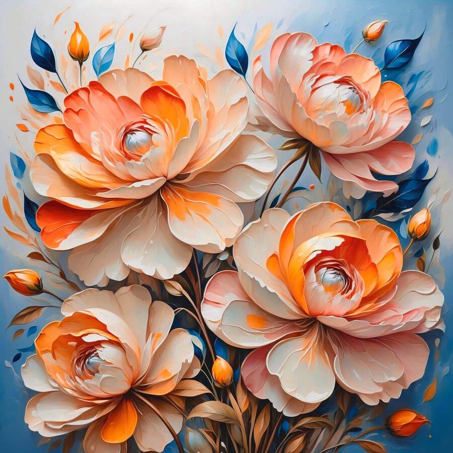 Gemälde mit Blumen auf blauem Hintergrund