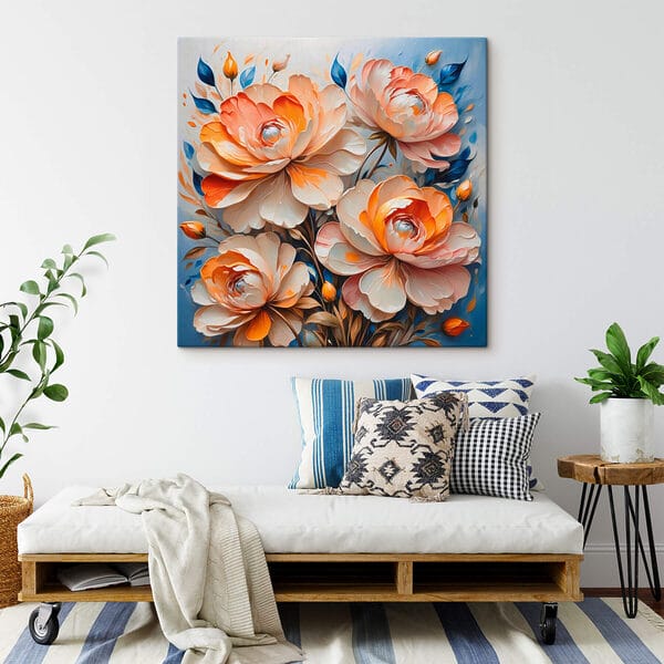 Gemälde mit Blumen auf blauem Hintergrund Gemälde mit Blumen auf blauem Hintergrund