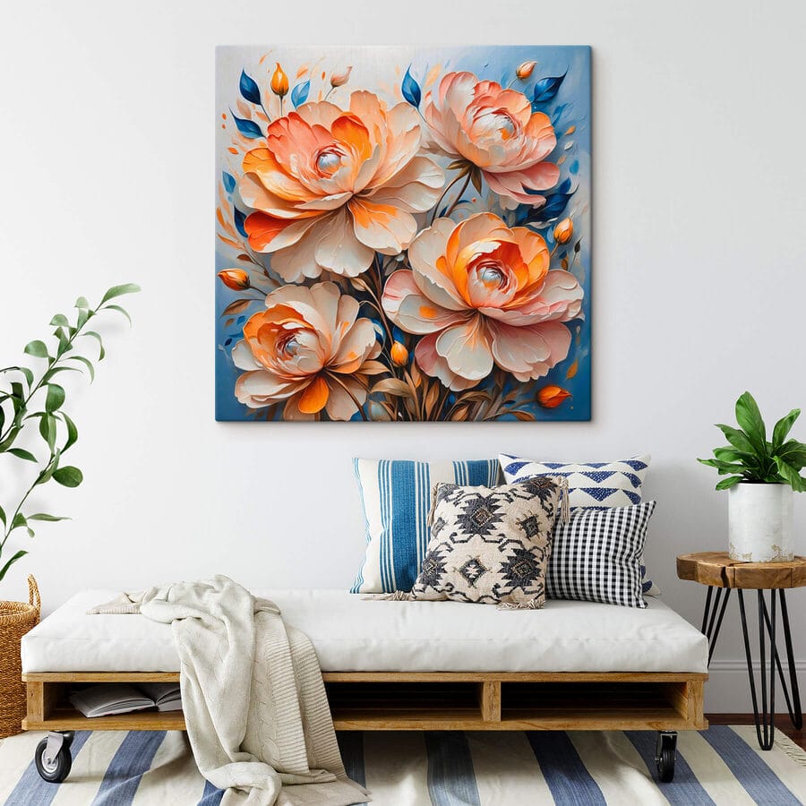 Gemälde mit Blumen auf blauem Hintergrund