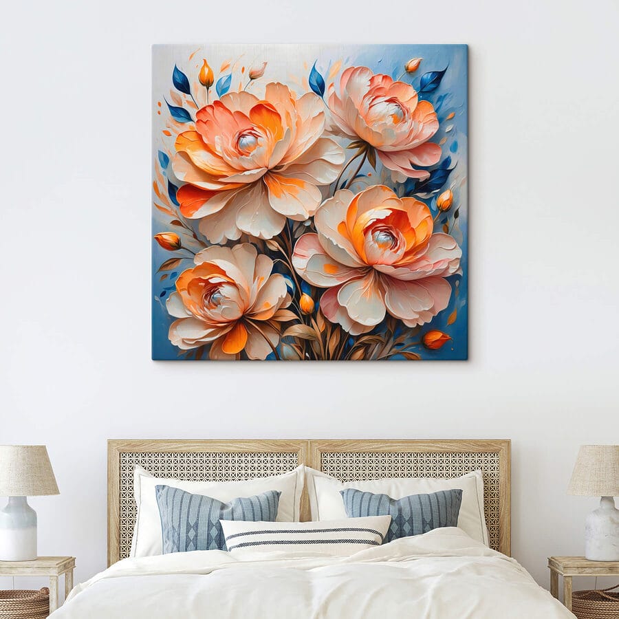 Gemälde mit Blumen auf blauem Hintergrund
