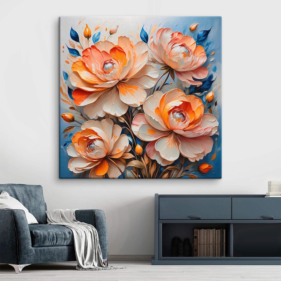 Gemälde mit Blumen auf blauem Hintergrund