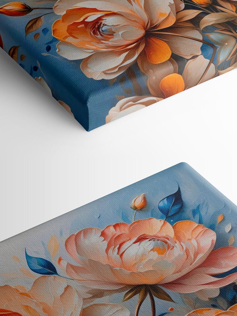 Gemälde mit Blumen auf blauem Hintergrund