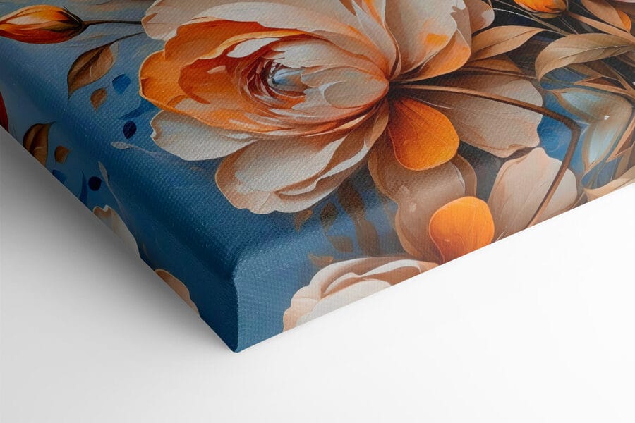 Gemälde mit Blumen auf blauem Hintergrund