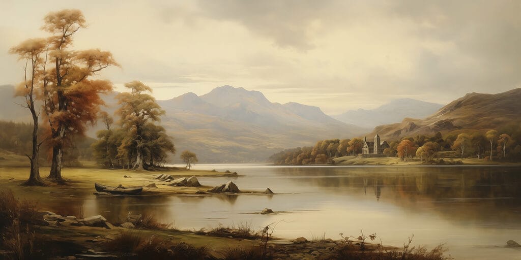 See mit Bäumen und Bergen im Hintergrund See mit Bäumen und Bergen im Hintergrund