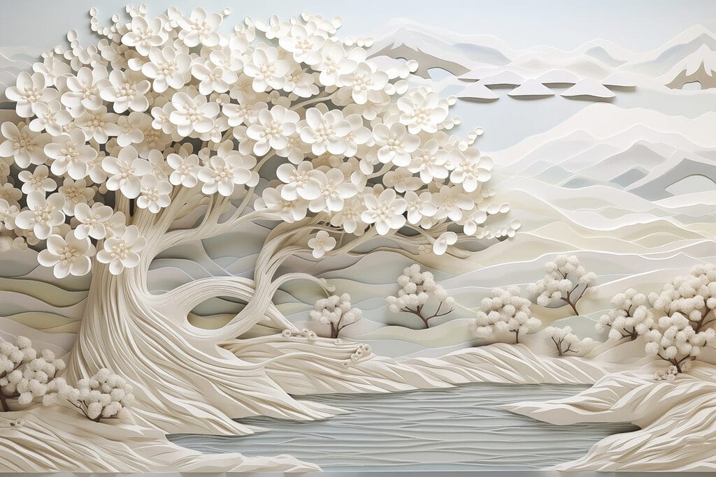 Weißer Baum mit weißen Blumen und einem Fluss Weißer Baum mit weißen Blumen und einem Fluss