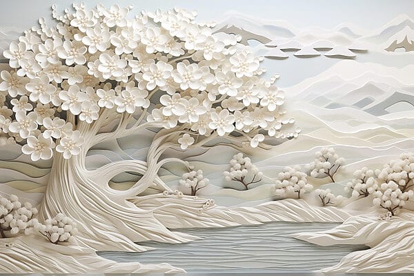 Weißer Baum mit weißen Blumen und einem Fluss Weißer Baum mit weißen Blumen und einem Fluss