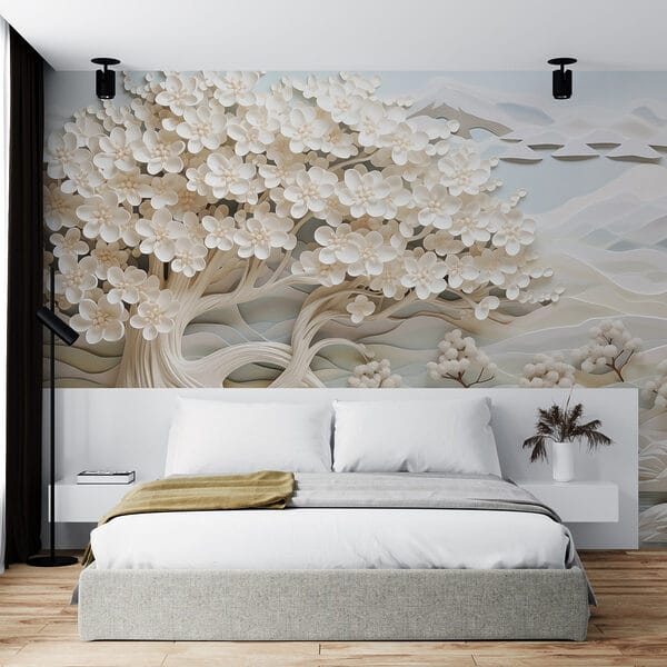 Weißer Baum mit weißen Blumen und einem Fluss Weißer Baum mit weißen Blumen und einem Fluss