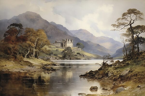 Aquarellmalerei eines Schlosses auf einem Hügel mit Bäumen und Bergen Aquarellmalerei eines Schlosses auf einem Hügel mit Bäumen und Bergen