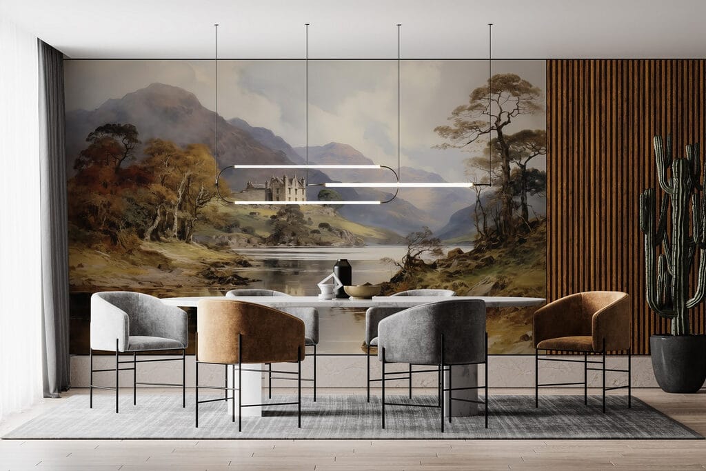 Watercolor painting of a castle on a hill with trees and mountains