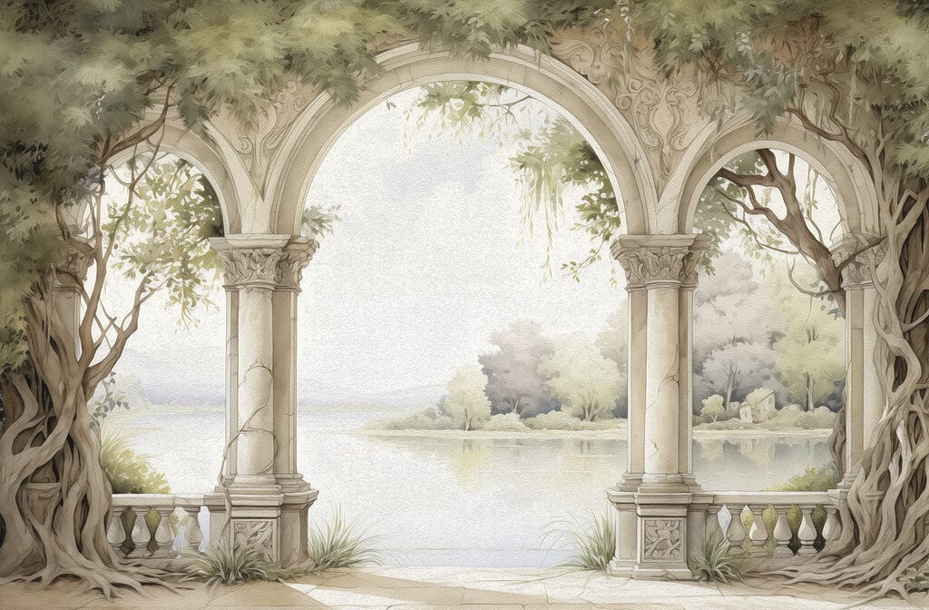 Aquarell eines steinernen Torbogens mit Bäumen und einem See Aquarell eines steinernen Torbogens mit Bäumen und einem See